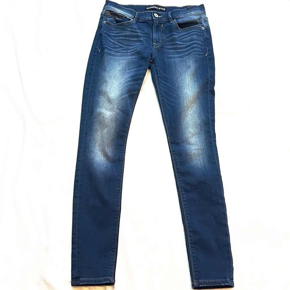 Express Jean Leggings Solid Blue Dark Wash Faded Mid Rise 6 Stretchy Pockets